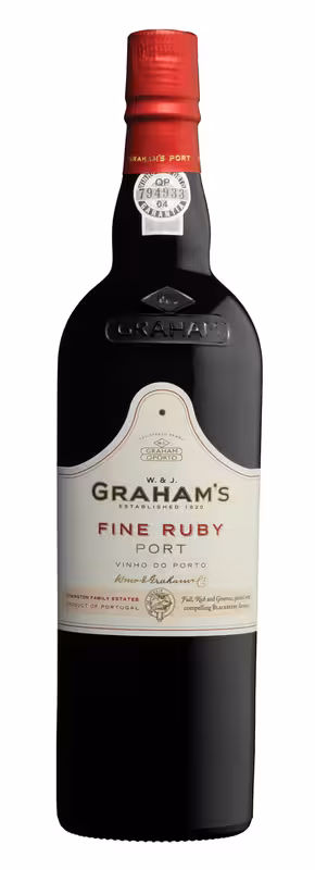Láhev Graham’s Fine Ruby Port s červenou páskou na etiketě
