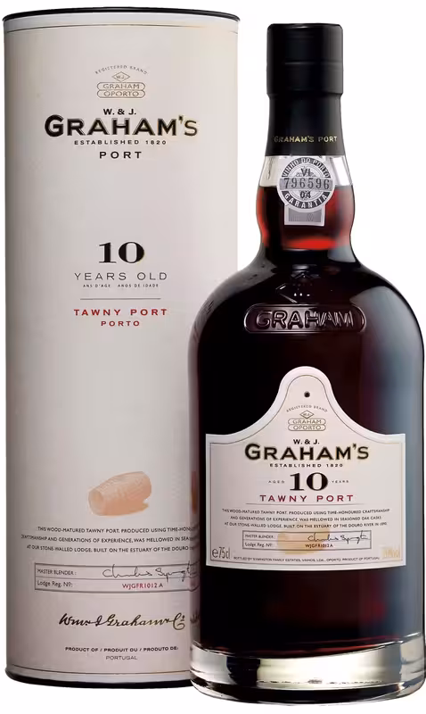 Láhev desetiletého portského Graham’s Tawny vedle světlé dárkové tuby