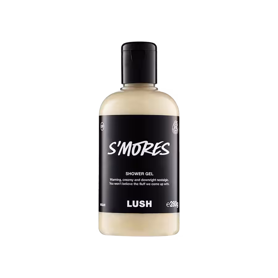 Láhev sprchového gelu S’Mores od Lush s černou etiketou